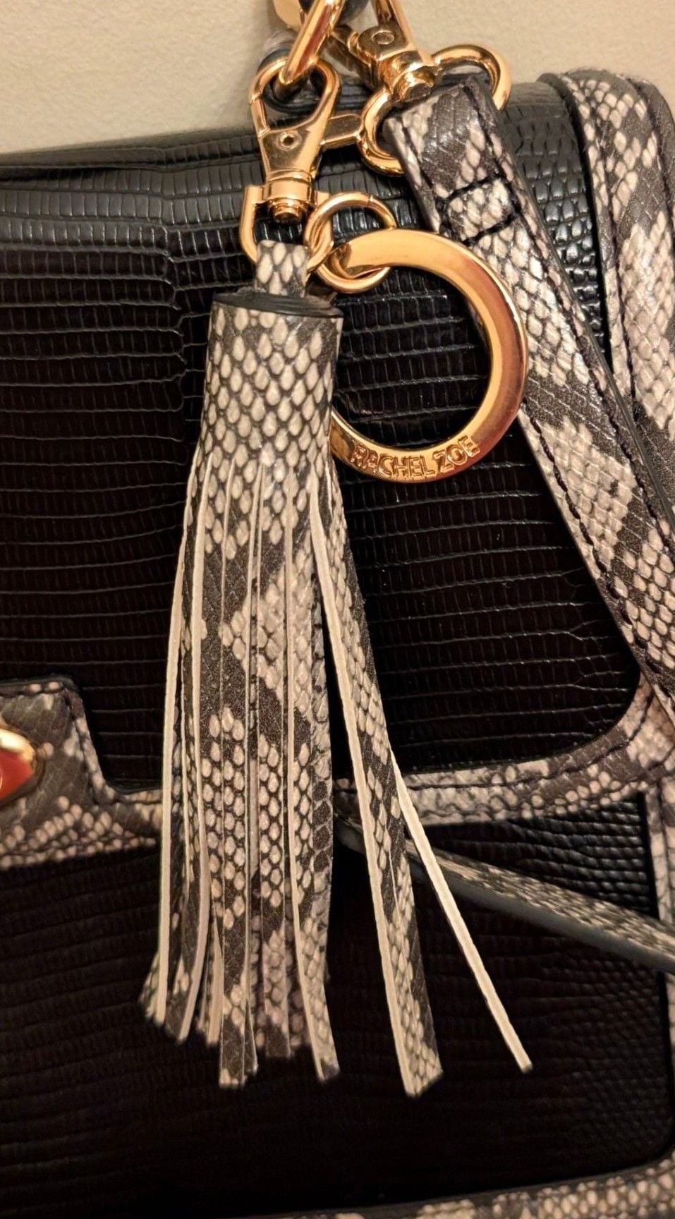 Rachel Zoe Black Faux Snakeskin Satchel Handbag with Gold Tassel Charm 4