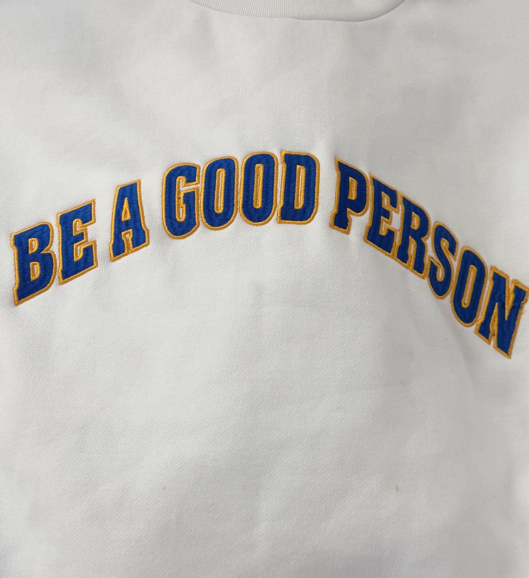 Be A Good Person Sweatshirt White Blue Gold Arc Logo Pullover Size: XL New 4