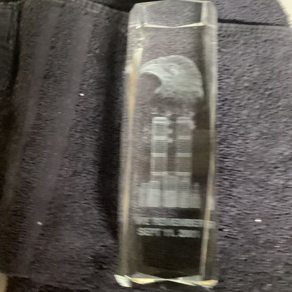 9/11 Twin Towers Eagle Laser Etched Crystal Glass Paperweight
