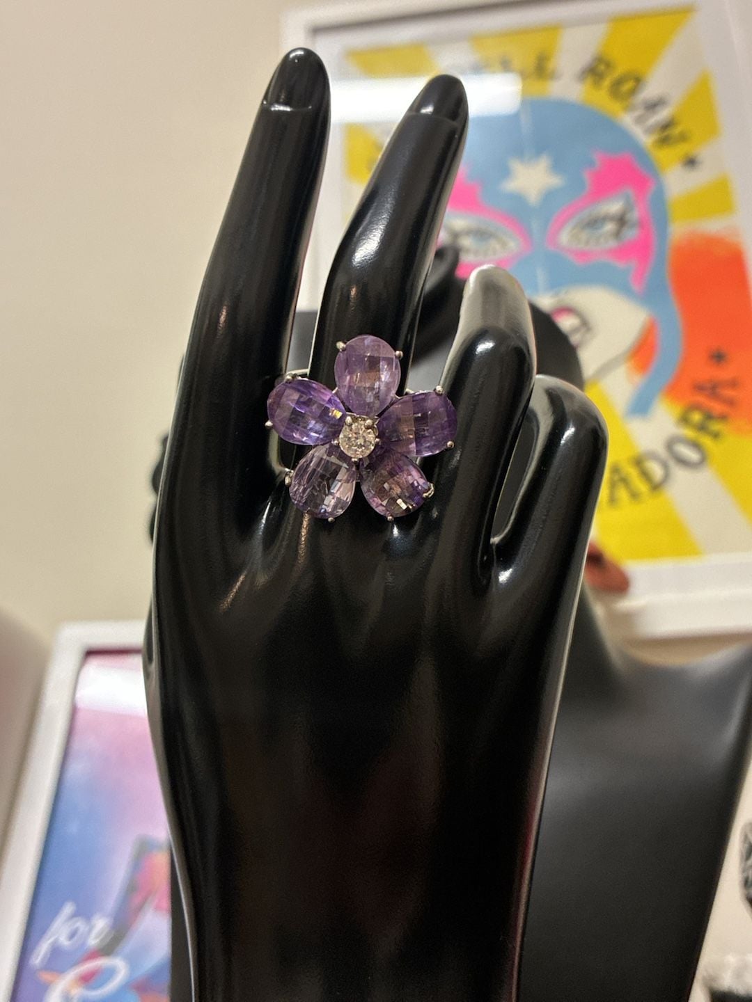 Nolan Miller Purple Crystal Flower Ring Silver Tone 2