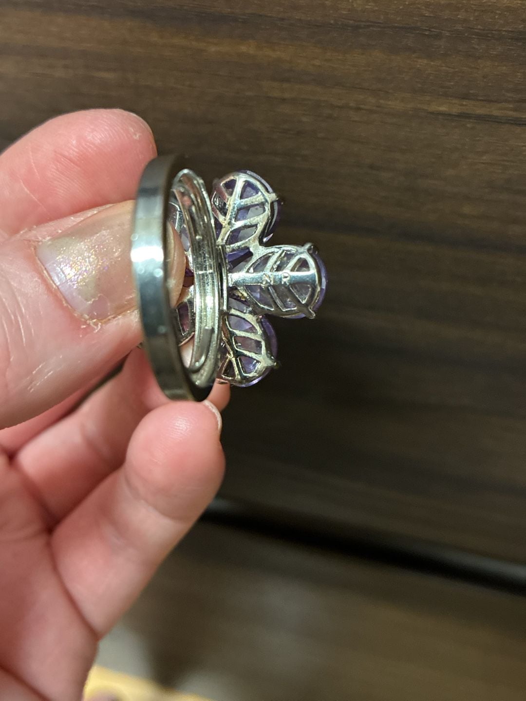 Nolan Miller Purple Crystal Flower Ring Silver Tone 3