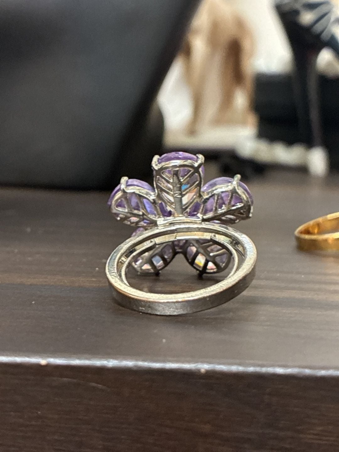 Nolan Miller Purple Crystal Flower Ring Silver Tone 5