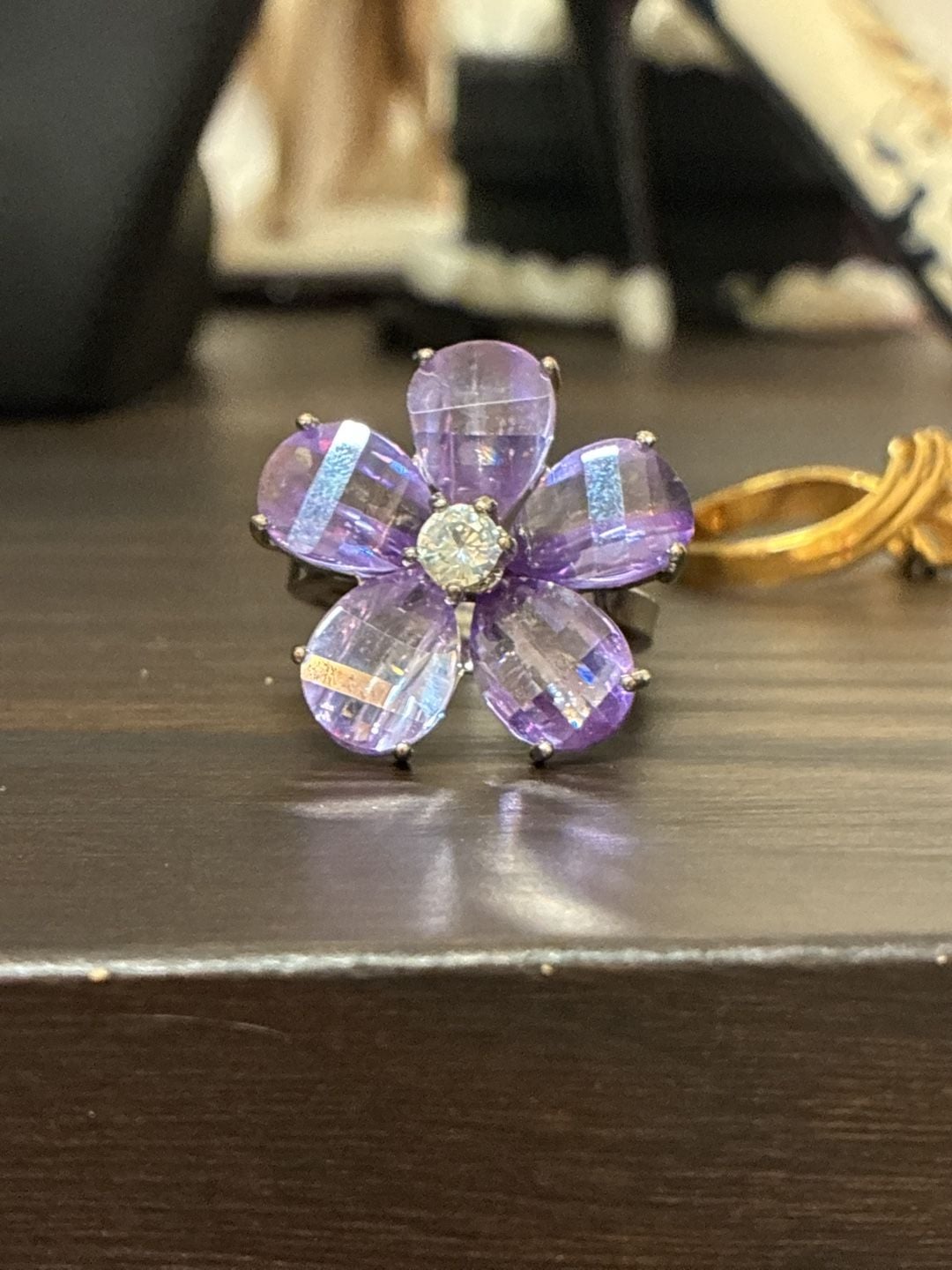 Nolan Miller Purple Crystal Flower Ring Silver Tone 6