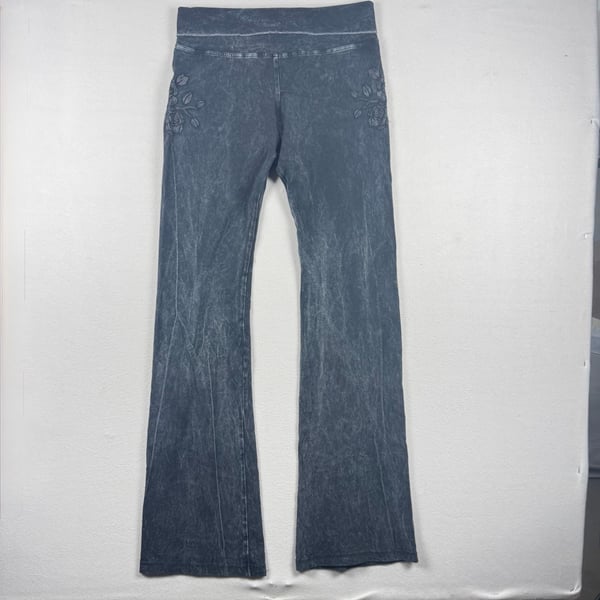 T-Party Mineral Wash Rose Applique Yoga Y2K Pants Black Acid Wash Large