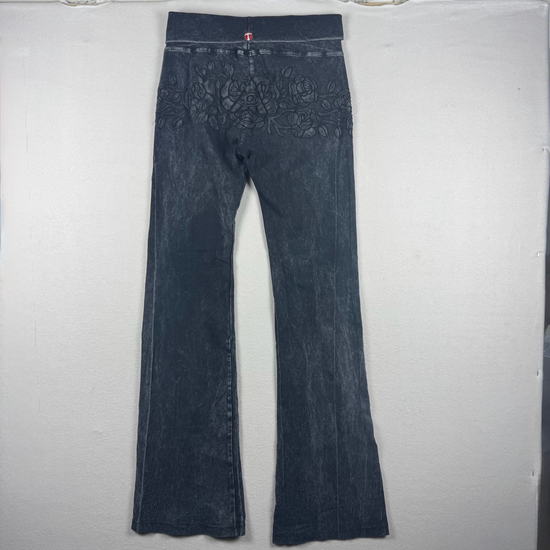 T-Party Mineral Wash Rose Applique Yoga Y2K Pants Black Acid Wash Large 11