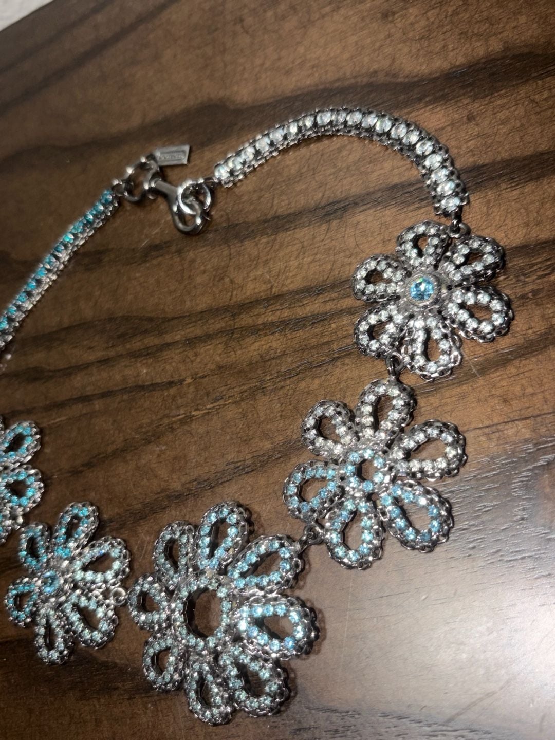 Coach Blue Crystal Flower Necklace Silver Plated 2