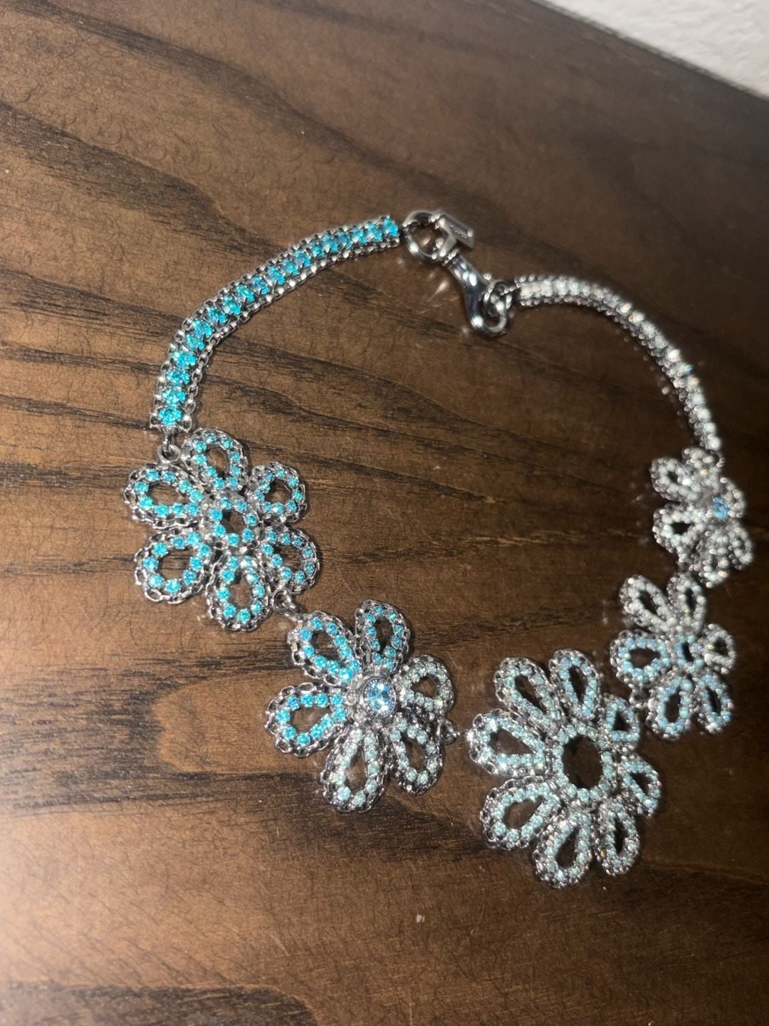 Coach Blue Crystal Flower Necklace Silver Plated 3