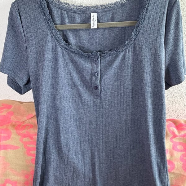 Prettygarden Henley Top Size XL Blue Ribbed Knit Lace Trim Short Sleeve