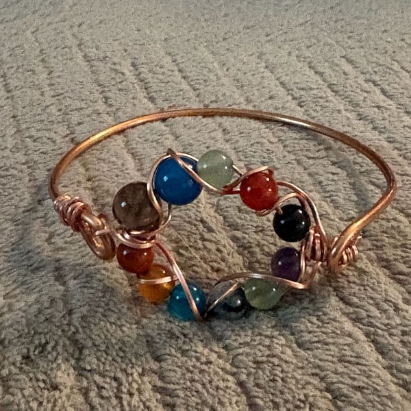 Handmade Copper Wire Wrapped Gemstone Chakra Bangle Bracelet