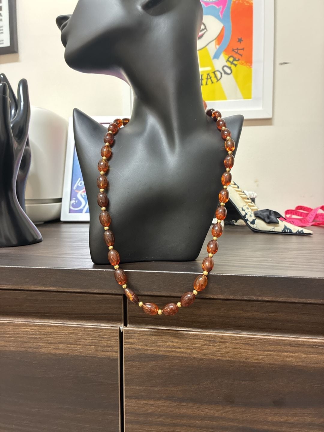 Vintage Faux Amber Beaded Long Necklace Brown Gold Tone Costume Jewelry 2