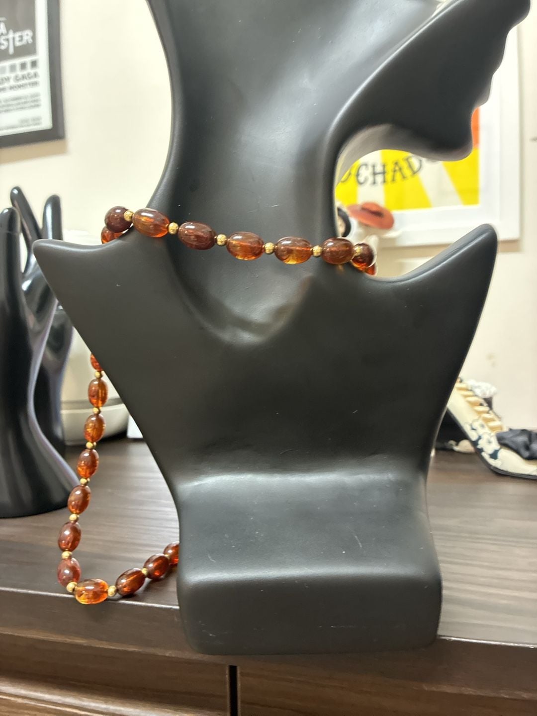 Vintage Faux Amber Beaded Long Necklace Brown Gold Tone Costume Jewelry 3