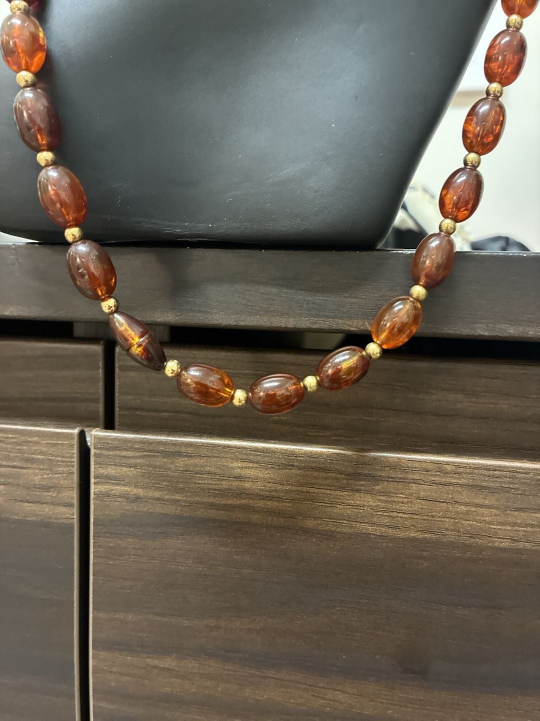 Vintage Faux Amber Beaded Long Necklace Brown Gold Tone Costume Jewelry 4