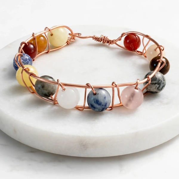 Handmade Copper Wire Wrapped Gemstone Natural Stone Bead Cuff Bracelet