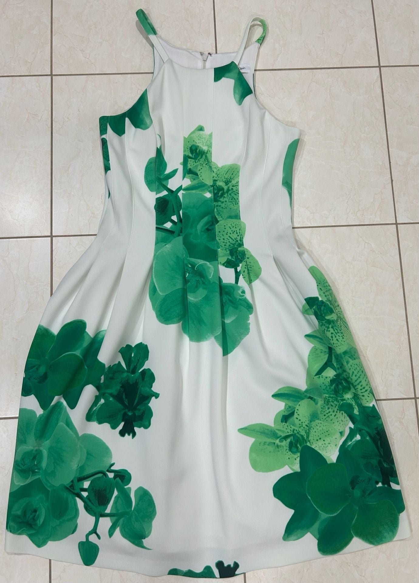 Calvin Klein Floral Halter Dress White Green Orchid Print, with pockets 1