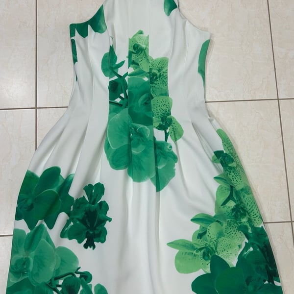 Calvin Klein Floral Halter Dress White Green Orchid Print, with pockets