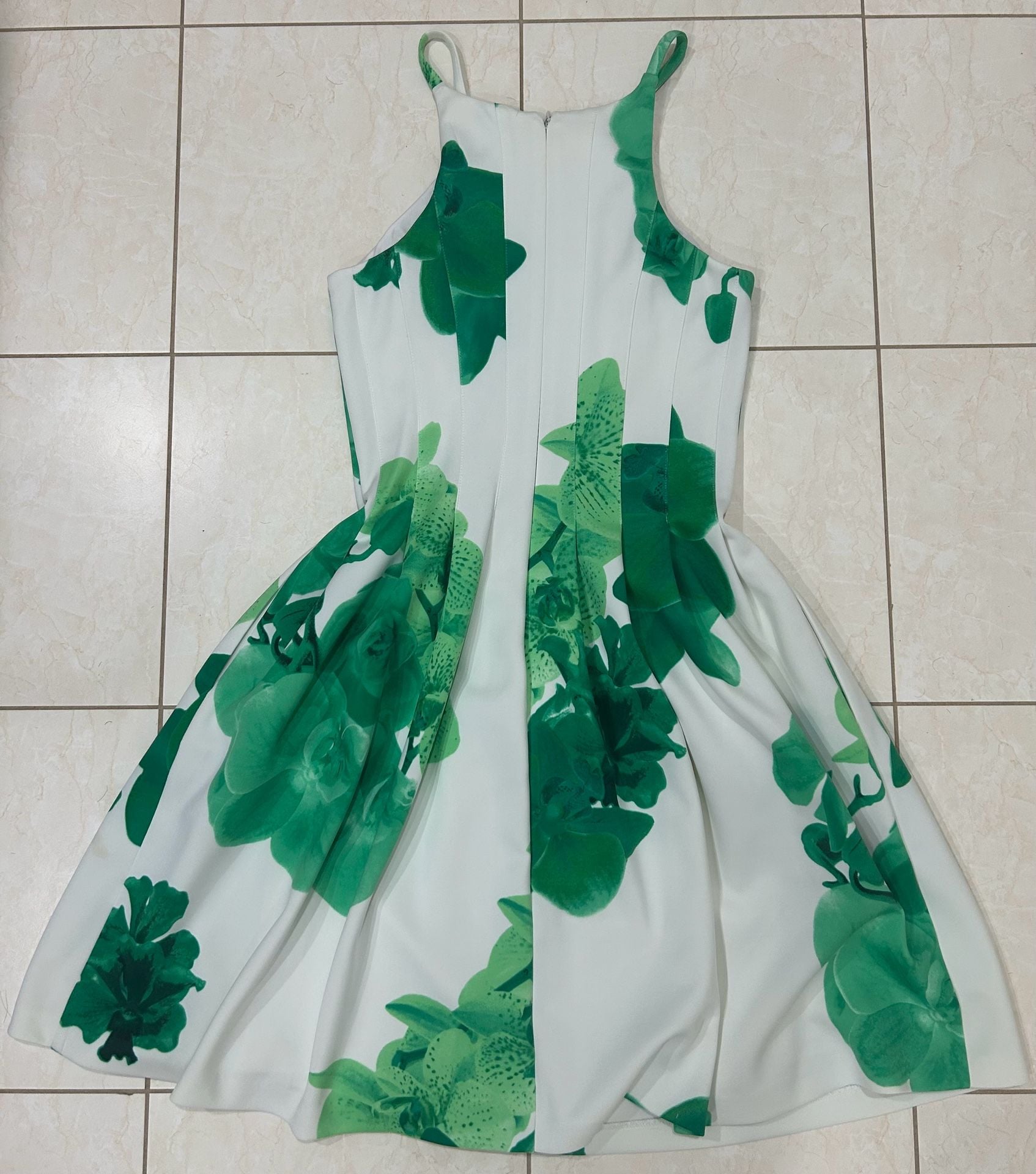 Calvin Klein Floral Halter Dress White Green Orchid Print, with pockets 2