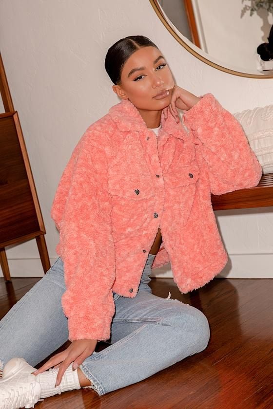 Free People Teddy Swing Jacket Melon Coral Faux Fur 2