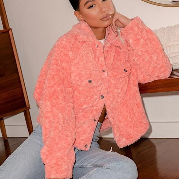 Free People Teddy Swing Jacket Melon Coral Faux Fur