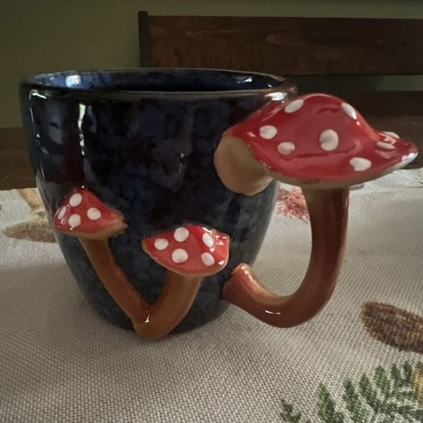 Blue Sky Clayworks Mushroom Mug Blue Red Polka Dot