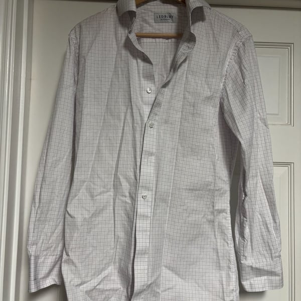 Ledbury Alden Tailored Fit Shirt Size 15-85 blue and pink Plaid Long Sleeve 
