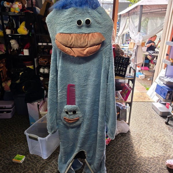 Funny Big Mouth Monster Onesie Large Blue Fleece