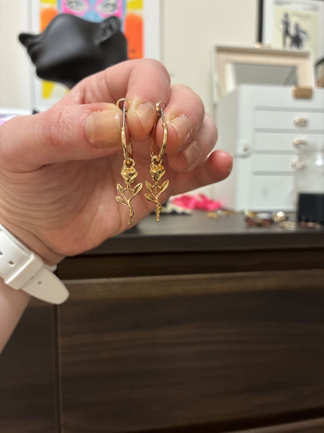 Gold Tone Rose Flower Charm Hoop Earrings Dangle Floral Jewelry 4