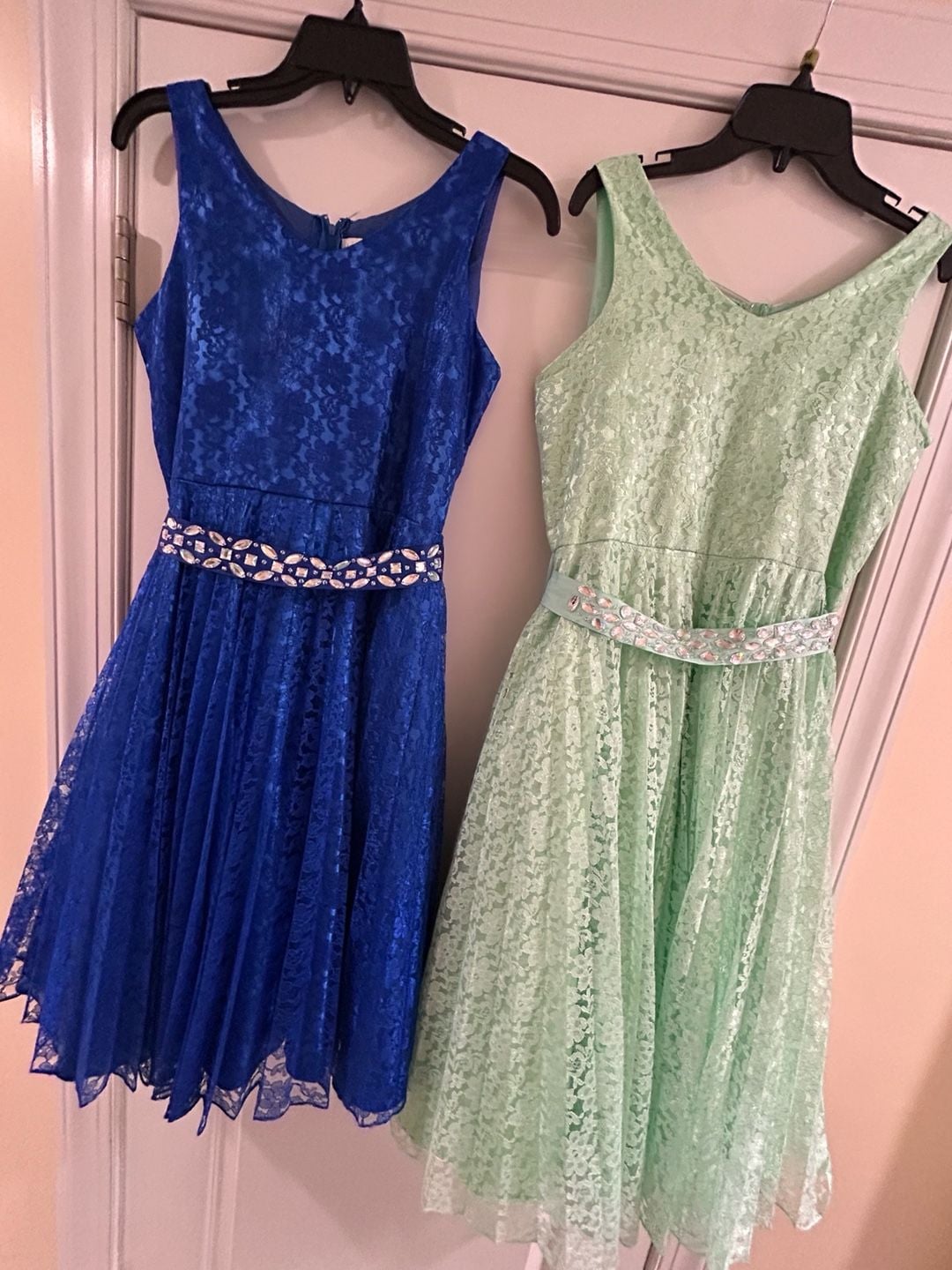 Lace Party Dress Set Rhinestone Belt Royal blue, Mint Green 1