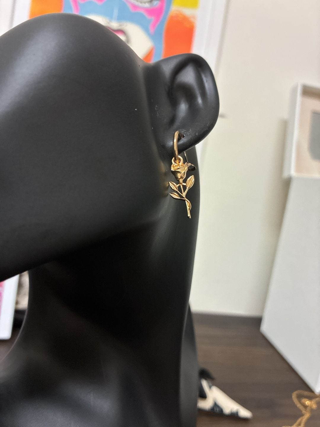 Gold Tone Rose Flower Charm Hoop Earrings Dangle Floral Jewelry 2