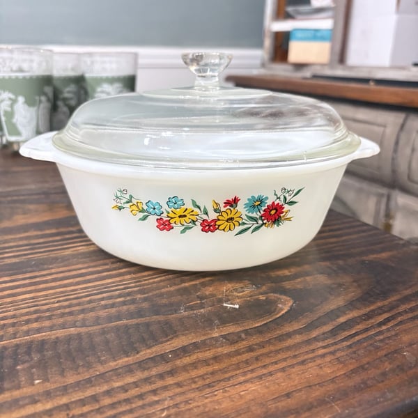 Vintage Fire King Milk Glass 1 1/2 Quart Covered Casserole Colorful Flowers
