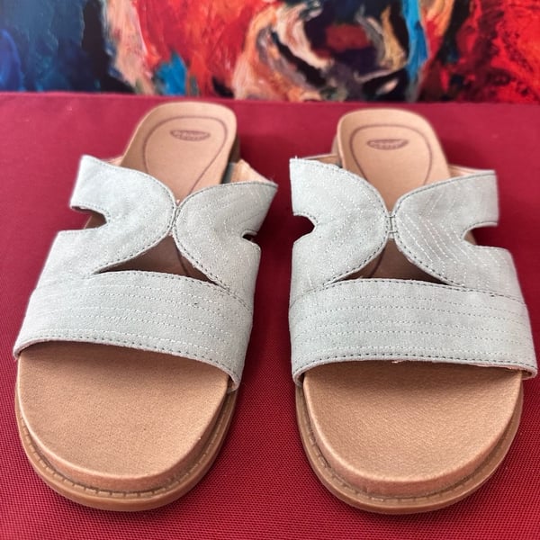 No.44 Dr. Scholl's Kourtney Flat Slide Sandals Size 8.5M Light Green Fabric