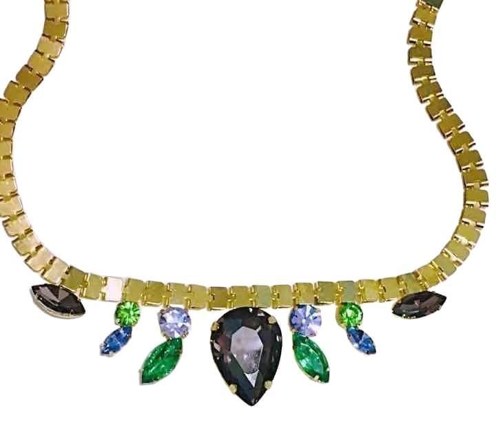 Gold Tone Blue/Green/Gray Gem Necklace 5