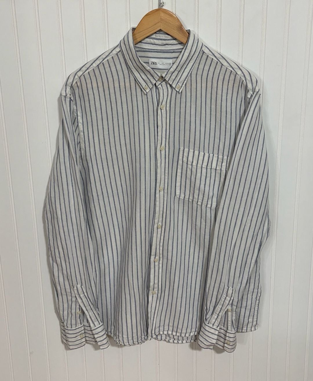 Zara Striped Long Sleeve Button Down Shirt Size L White Blue 2