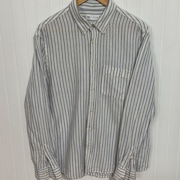 Zara Striped Long Sleeve Button Down Shirt Size L White Blue