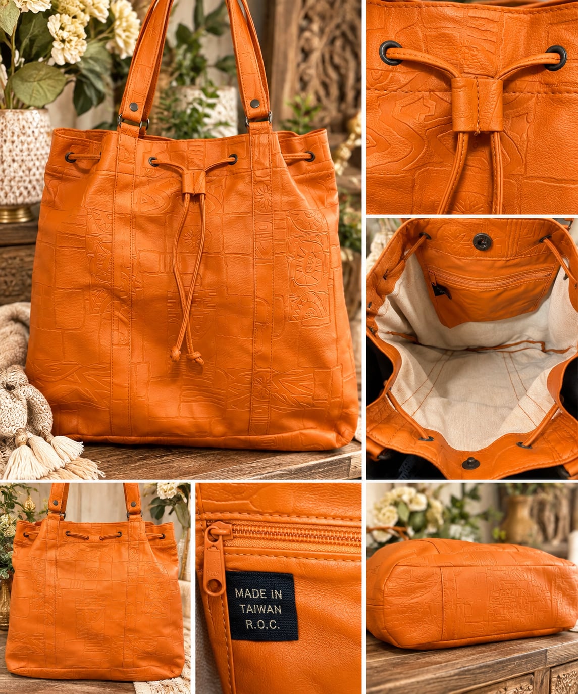 Vintage Embossed Leather Drawstring Tote Shoulder Bag Orange Hieroglyphics 2