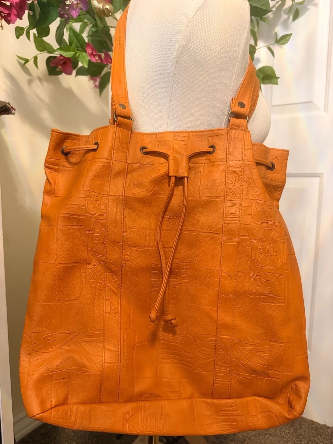 Vintage Embossed Leather Drawstring Tote Shoulder Bag Orange Hieroglyphics 3