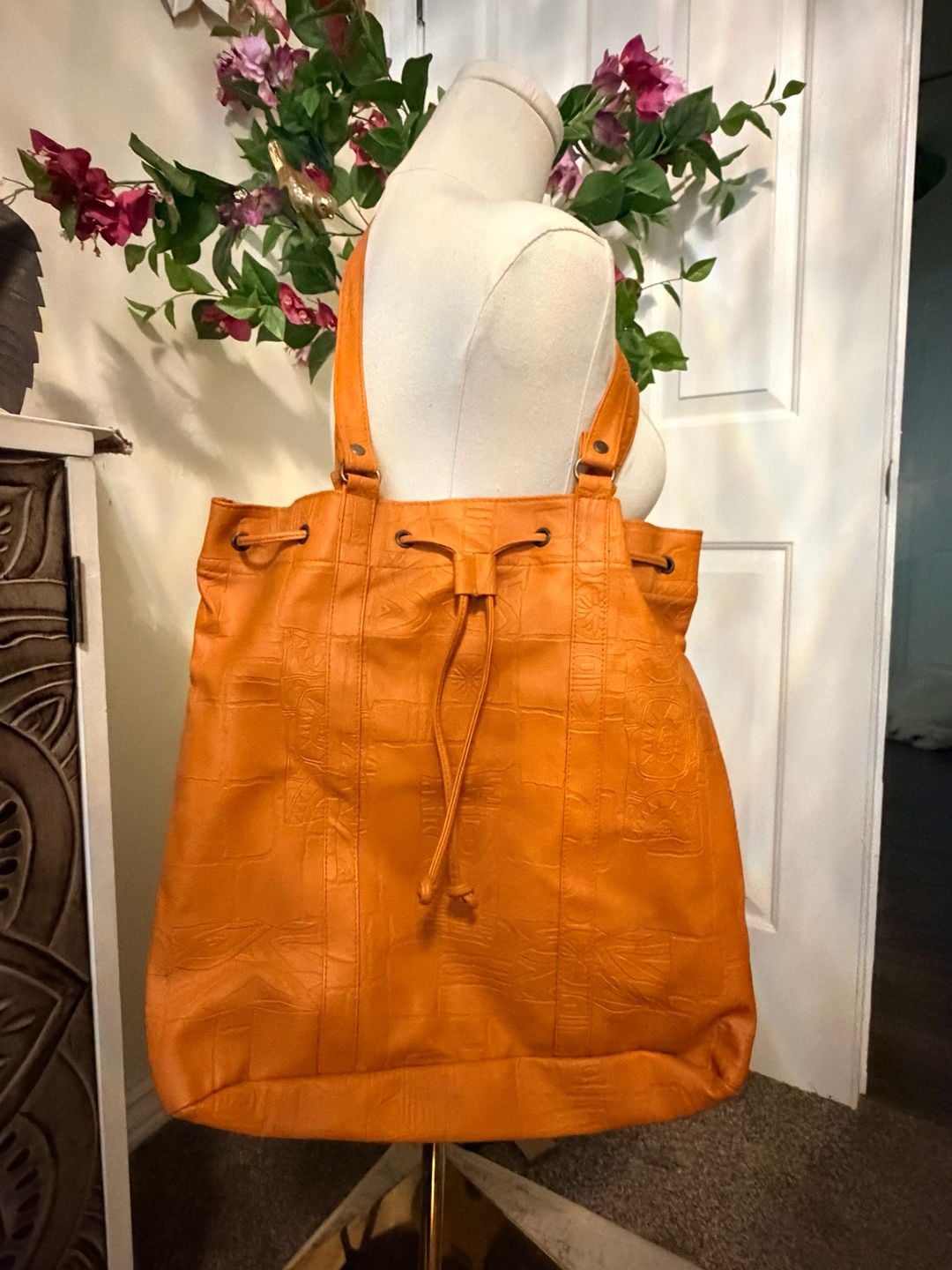 Vintage Embossed Leather Drawstring Tote Shoulder Bag Orange Hieroglyphics 4