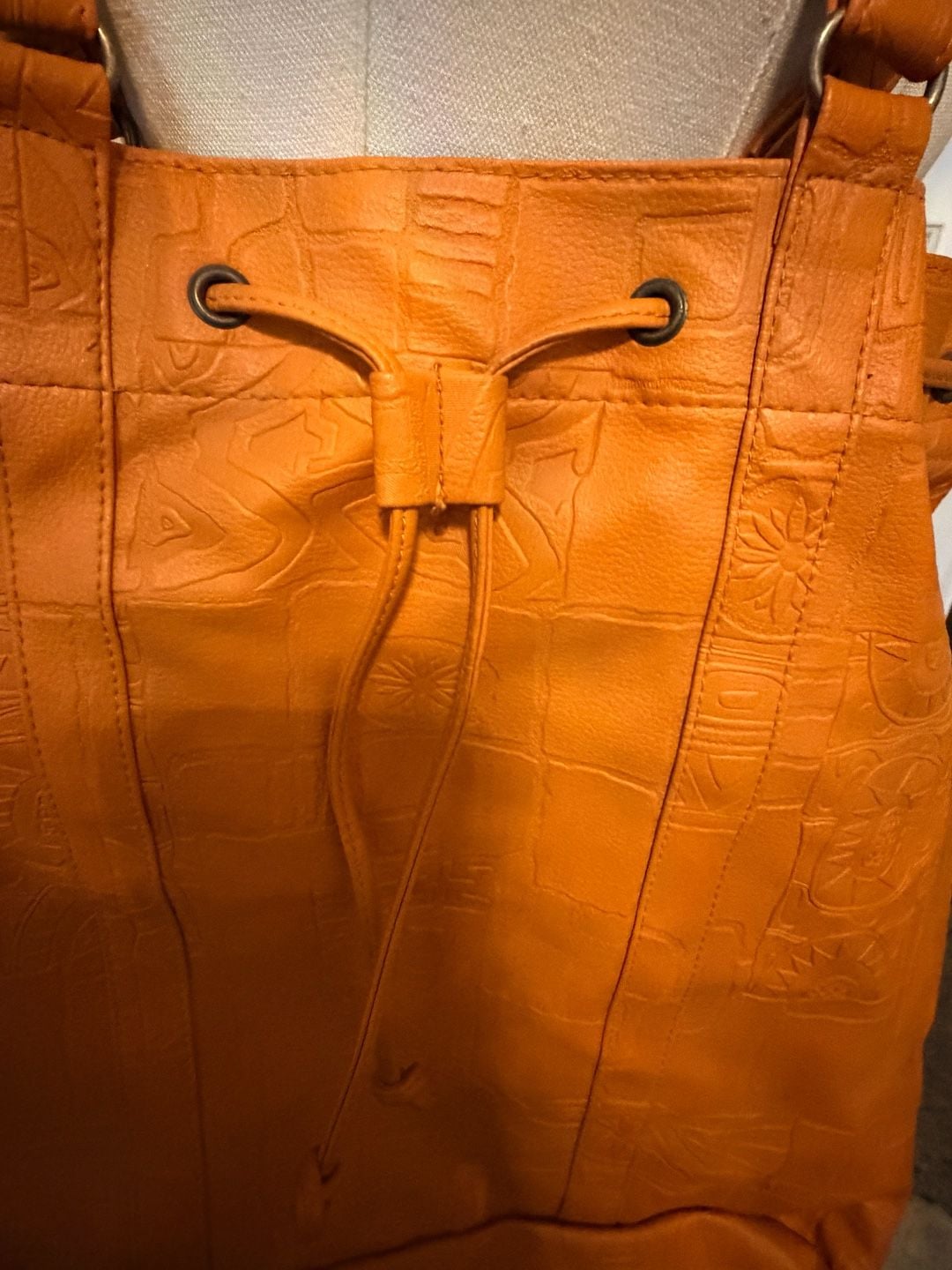 Vintage Embossed Leather Drawstring Tote Shoulder Bag Orange Hieroglyphics 5