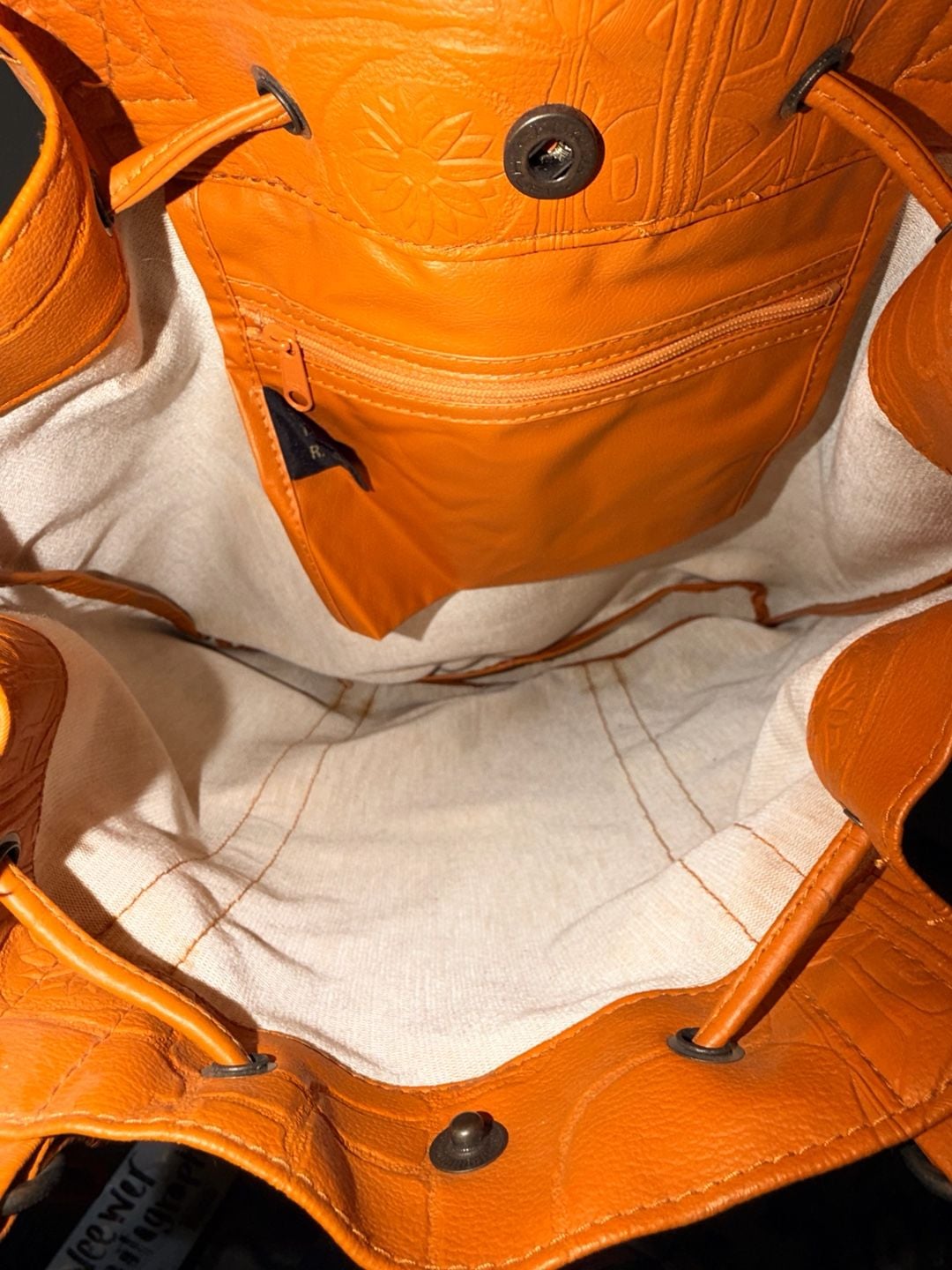 Vintage Embossed Leather Drawstring Tote Shoulder Bag Orange Hieroglyphics 6
