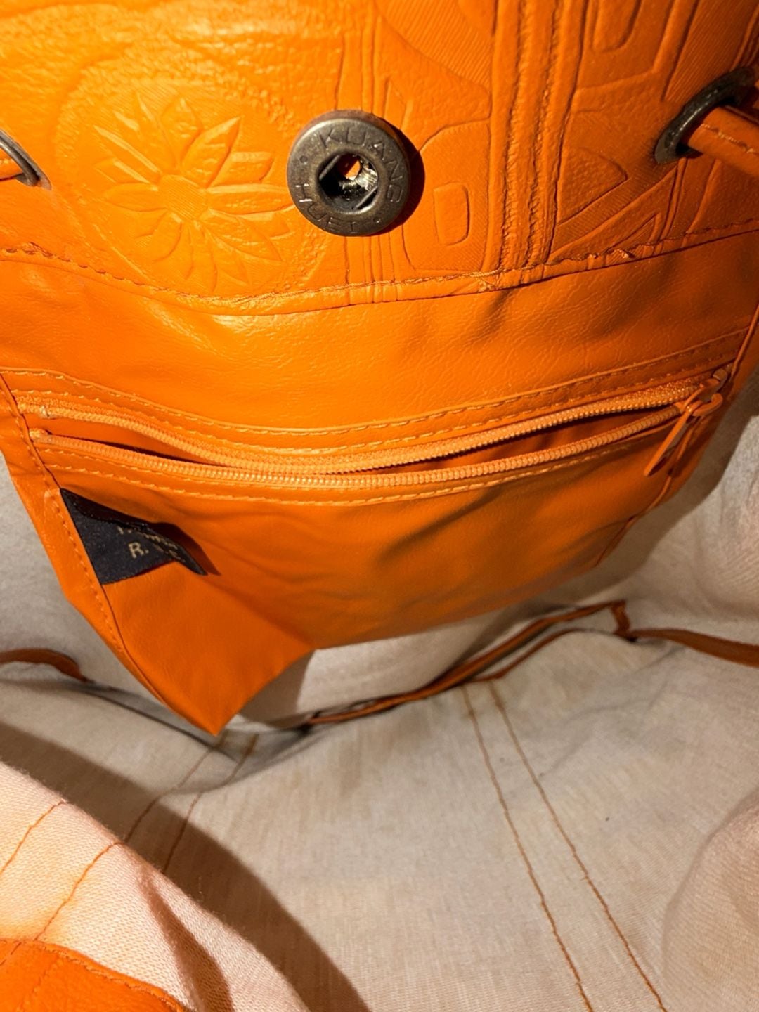 Vintage Embossed Leather Drawstring Tote Shoulder Bag Orange Hieroglyphics 7