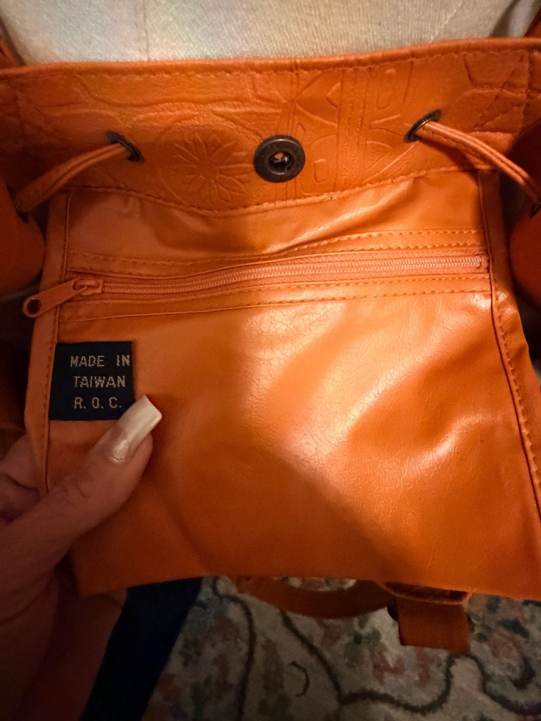 Vintage Embossed Leather Drawstring Tote Shoulder Bag Orange Hieroglyphics 8