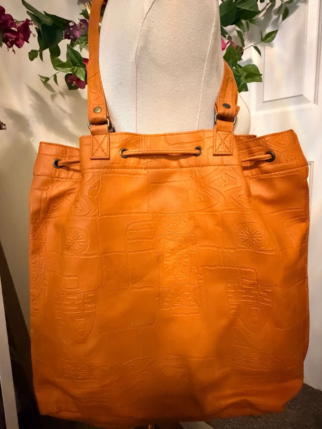 Vintage Embossed Leather Drawstring Tote Shoulder Bag Orange Hieroglyphics 10