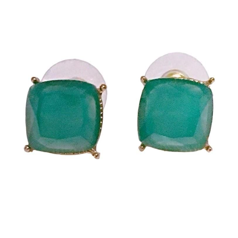 Gold Tone Square Post Earrings- Teal 2