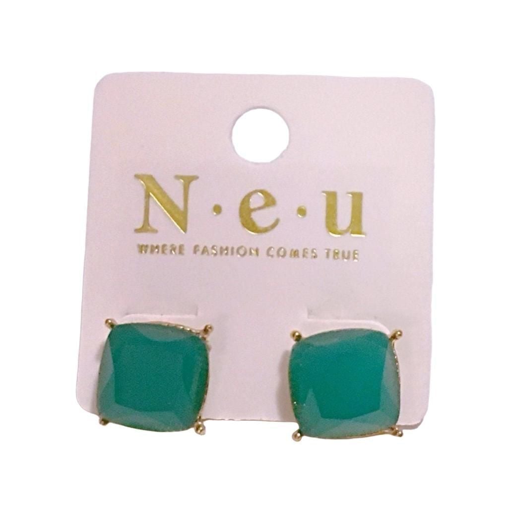 Gold Tone Square Post Earrings- Teal 3