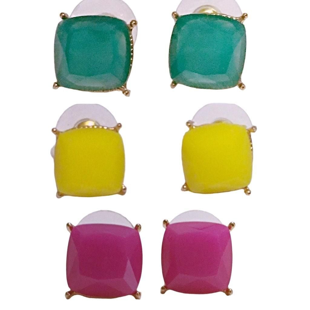 Gold Tone Square Post Earrings- Teal 7