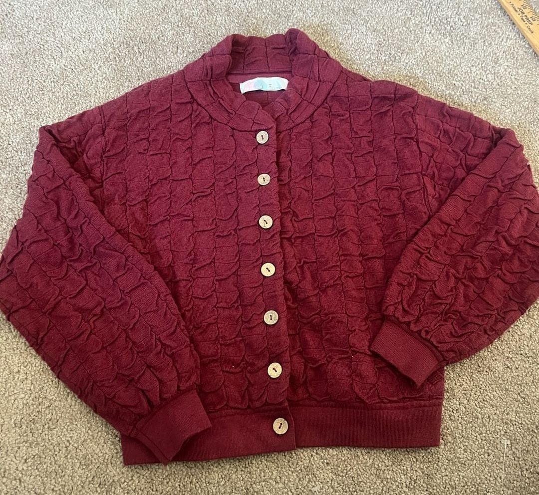 FP Beach Sunny Sweater Bomber Size XS Red Wine Burgundy Textured 2