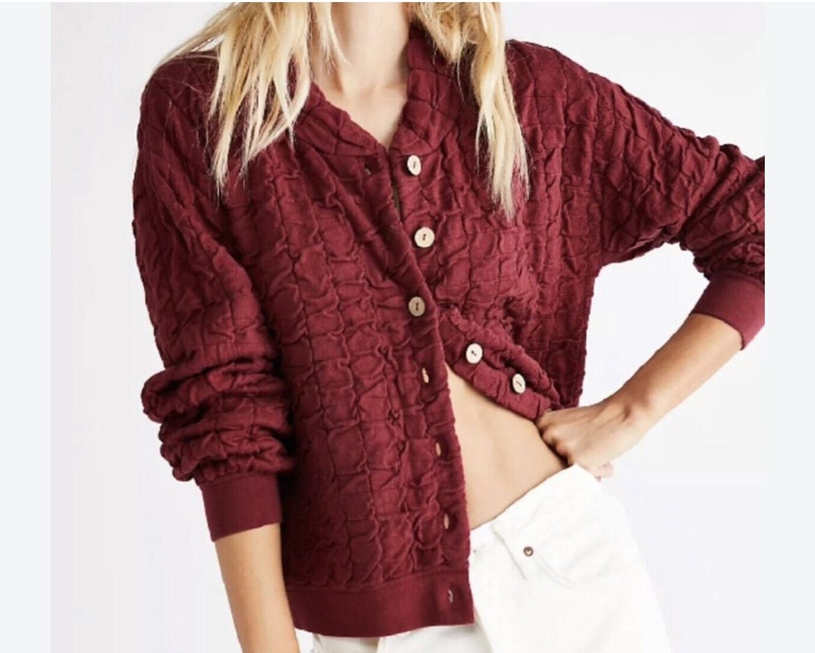 FP Beach Sunny Sweater Bomber Size XS Red Wine Burgundy Textured 9
