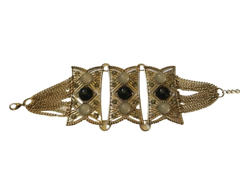Gold Tone Beaded Chain Black & White Station Bracelet 6