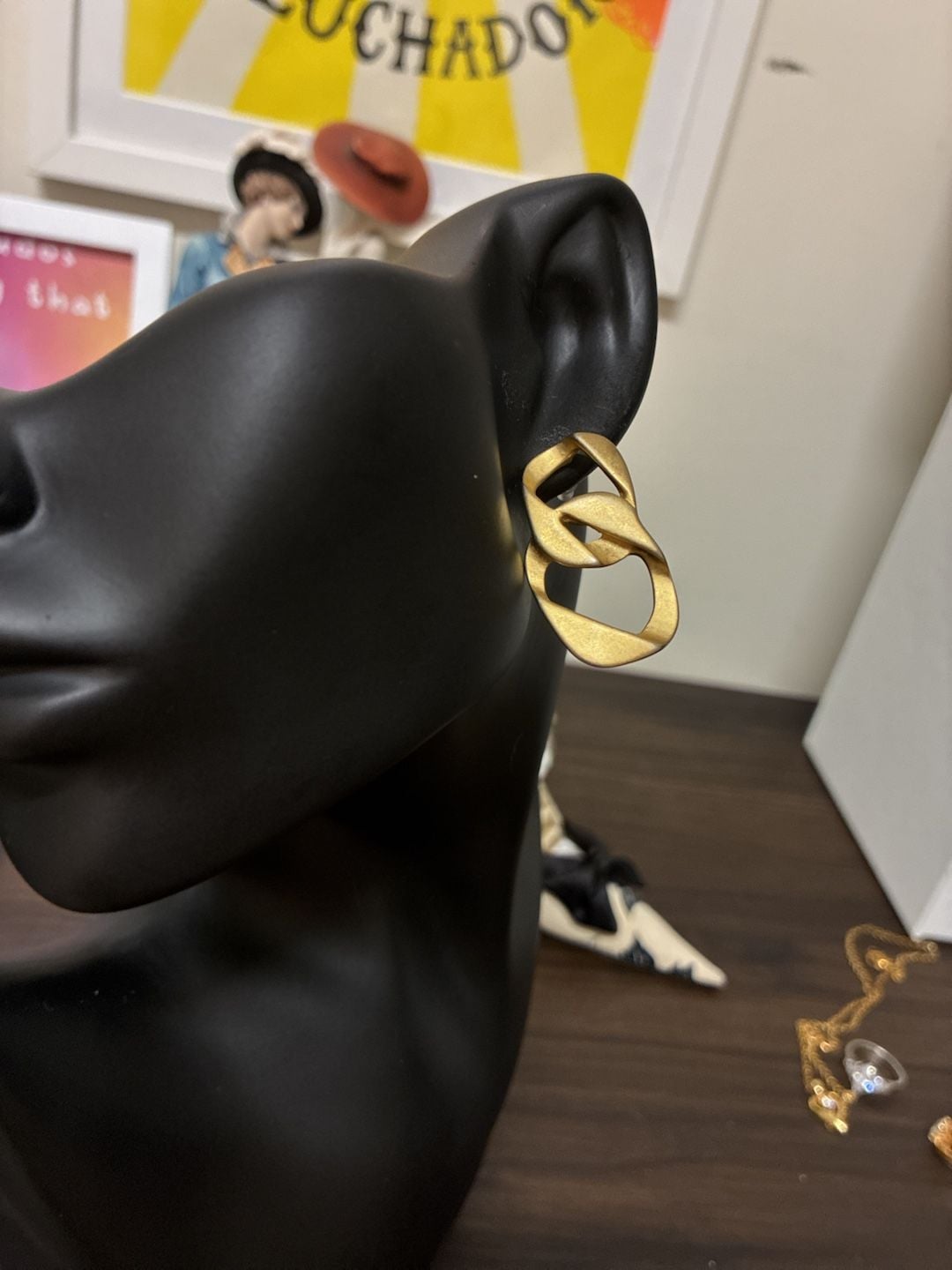 Perris Gold Tone Link Pierced Earrings Brushed Metal Abstract Dangle 2