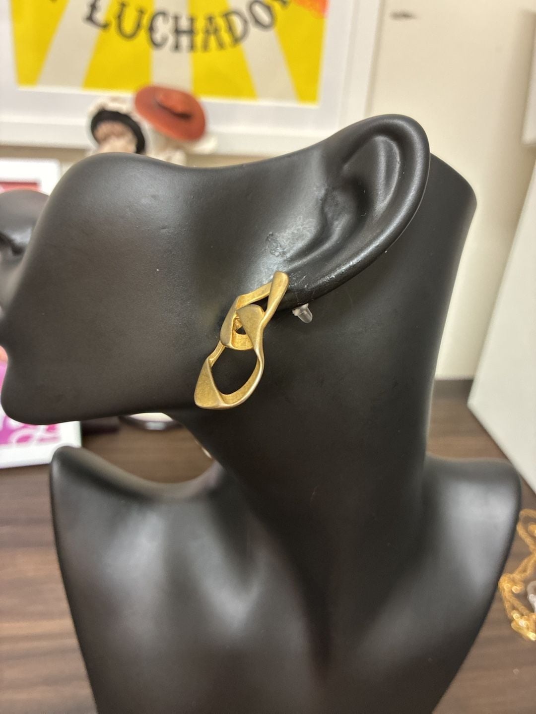 Perris Gold Tone Link Pierced Earrings Brushed Metal Abstract Dangle 3