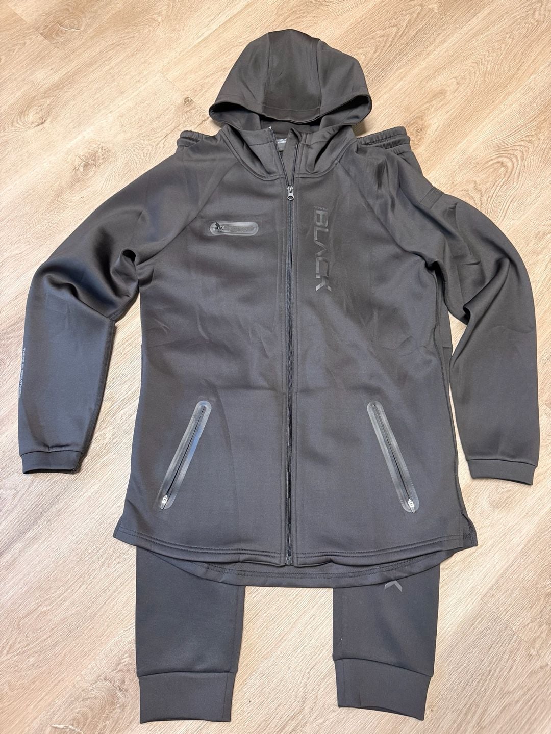 Actively Black Tracksuit Size L Black Tech Fleece Zip Hoodie Joggers 3